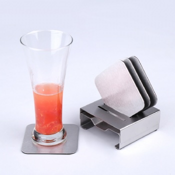 4 Piece Stainless Steel Square Coasters with Holder