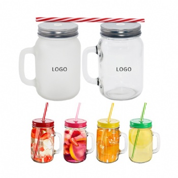 Mason Jar Mugs with Glass Handles and Plastic Straws